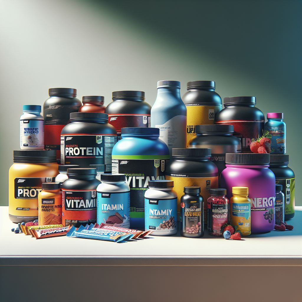 A realistic display of sports supplements including protein powders, vitamins, and energy bars on a table.