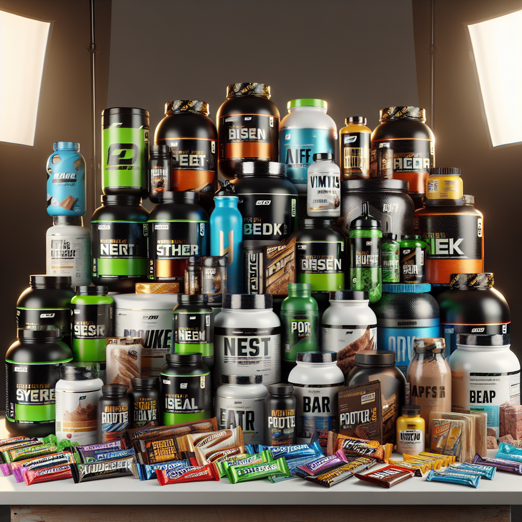 A realistic depiction of various sports supplements on a table, including protein powders, vitamins, energy drinks, and protein bars.