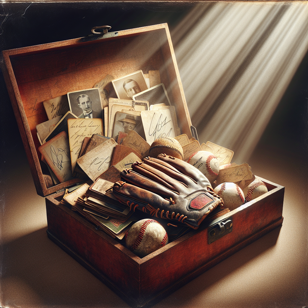 An open autograph box filled with vintage memorabilia items and a signed card on top, bathed in a soft inviting light.