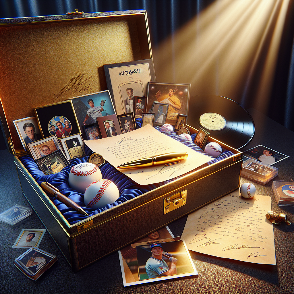 An open authentic autograph box with a golden pen on parchment, surrounded by various signed collectibles under a spotlight, set against a dark blue velvet background.