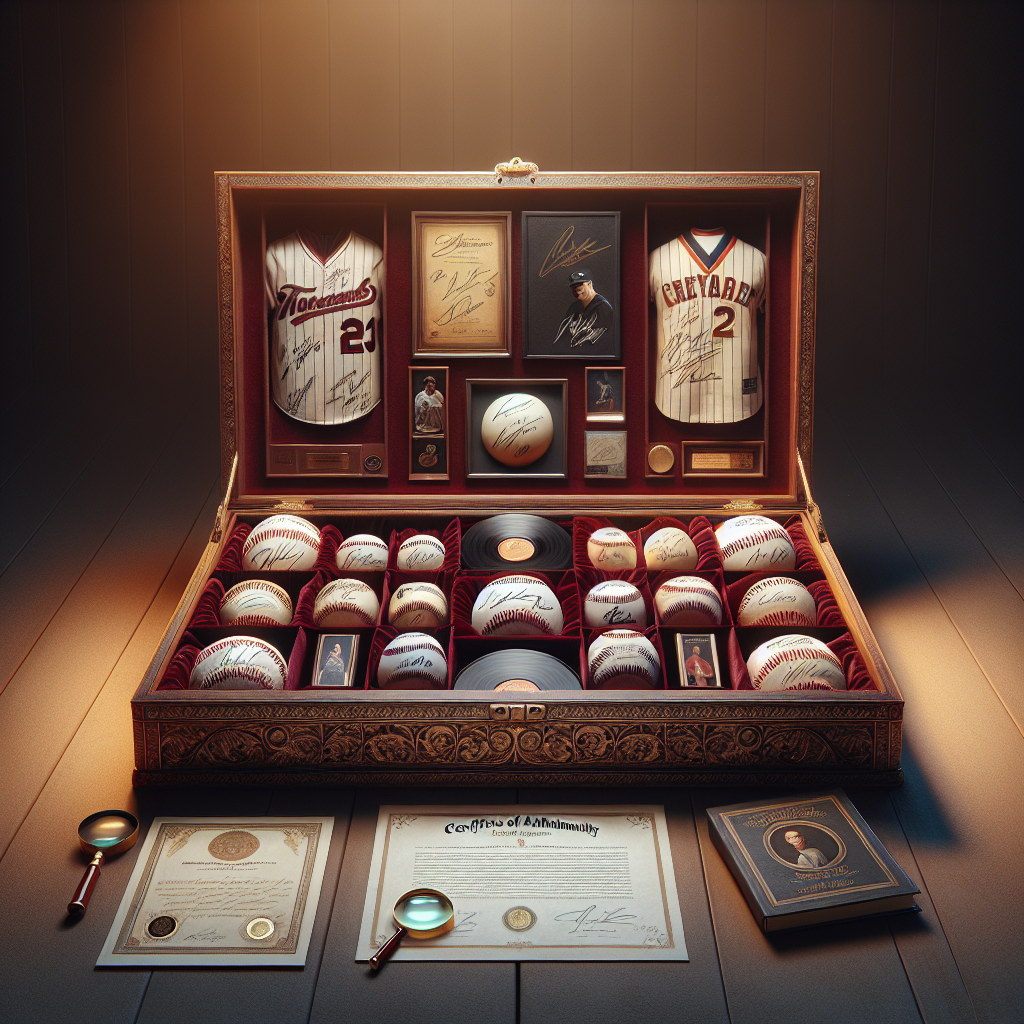 Realistic open box of collectible items with signatures, suggesting notions of authenticity and memorabilia.