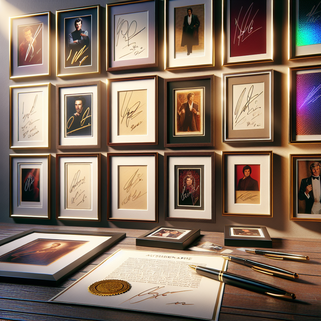 Gallery wall with authenticated autographed photos of celebrities, holographic seals, and signing pens, no text.