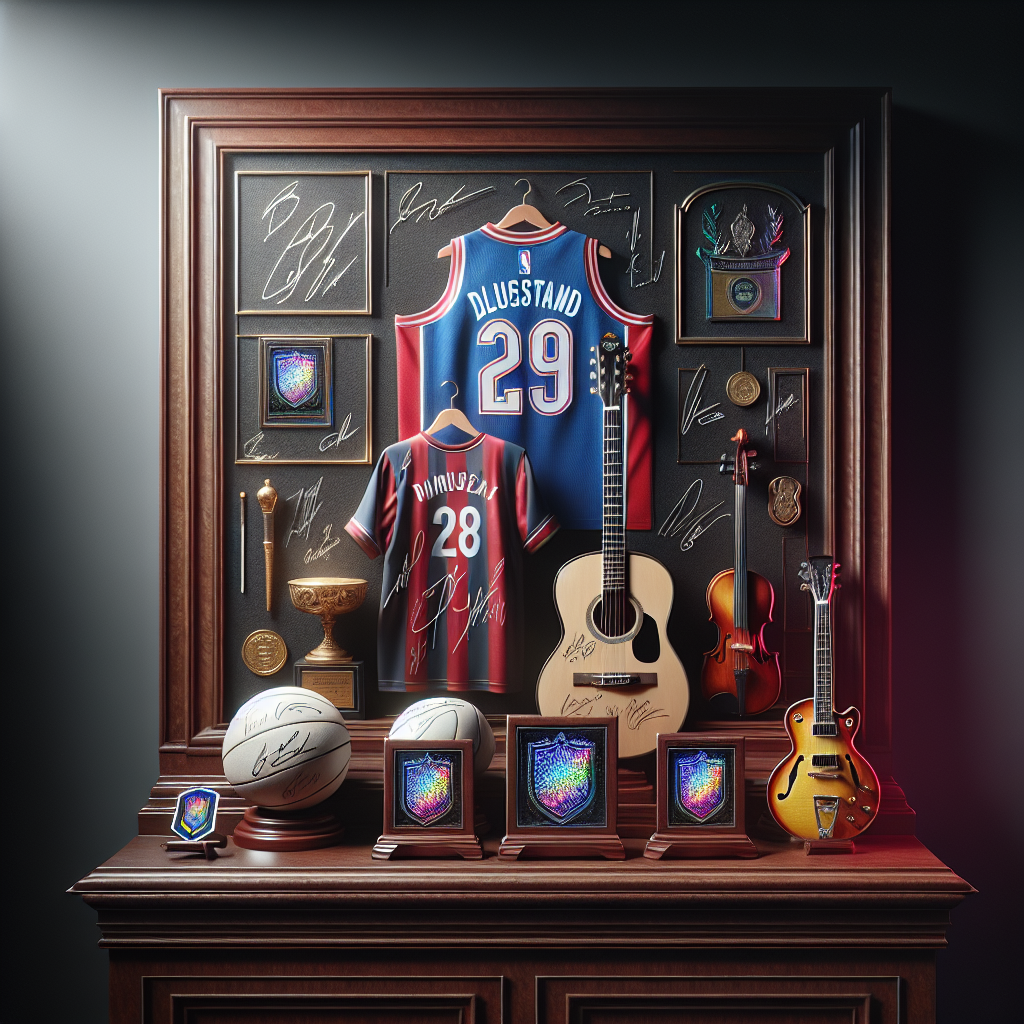 Authenticated autographs on memorabilia items with holographic seals, arranged on a wooden shelf against a dark background.