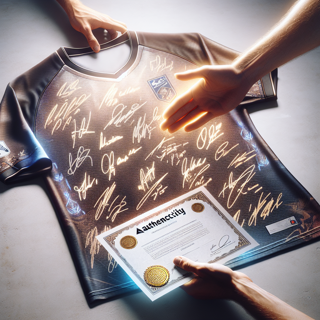 Two hands exchanging a sports jersey with visible authenticated autographs, a holographic seal, and a certificate of authenticity, without any text, in a realistic style.