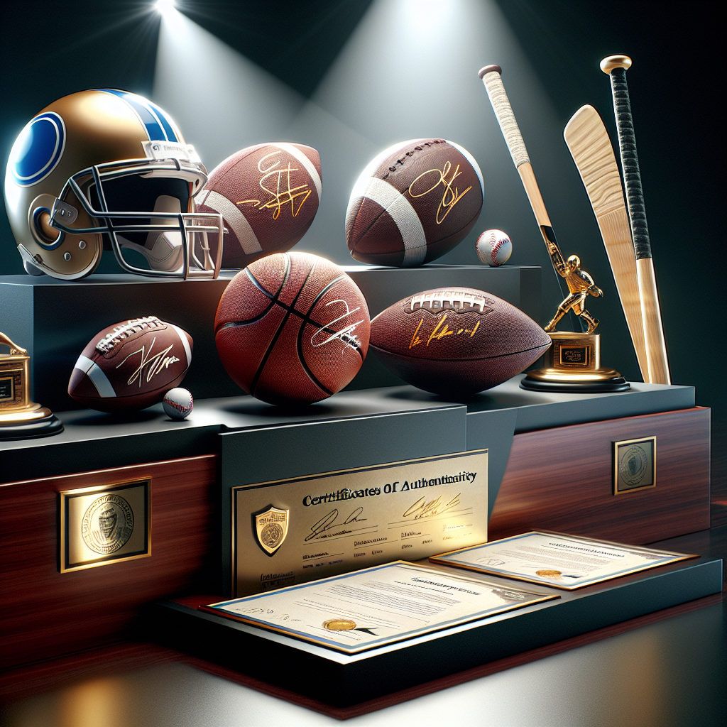 Collection of sports memorabilia with authenticated autographs, displayed on a wooden shelf with holographic seals and certificates of authenticity.