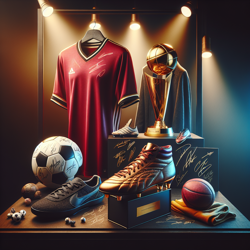 An array of sports memorabilia including a signed jersey, basketball on a stand, worn soccer cleats, with highlighted textures on a dark shelf.