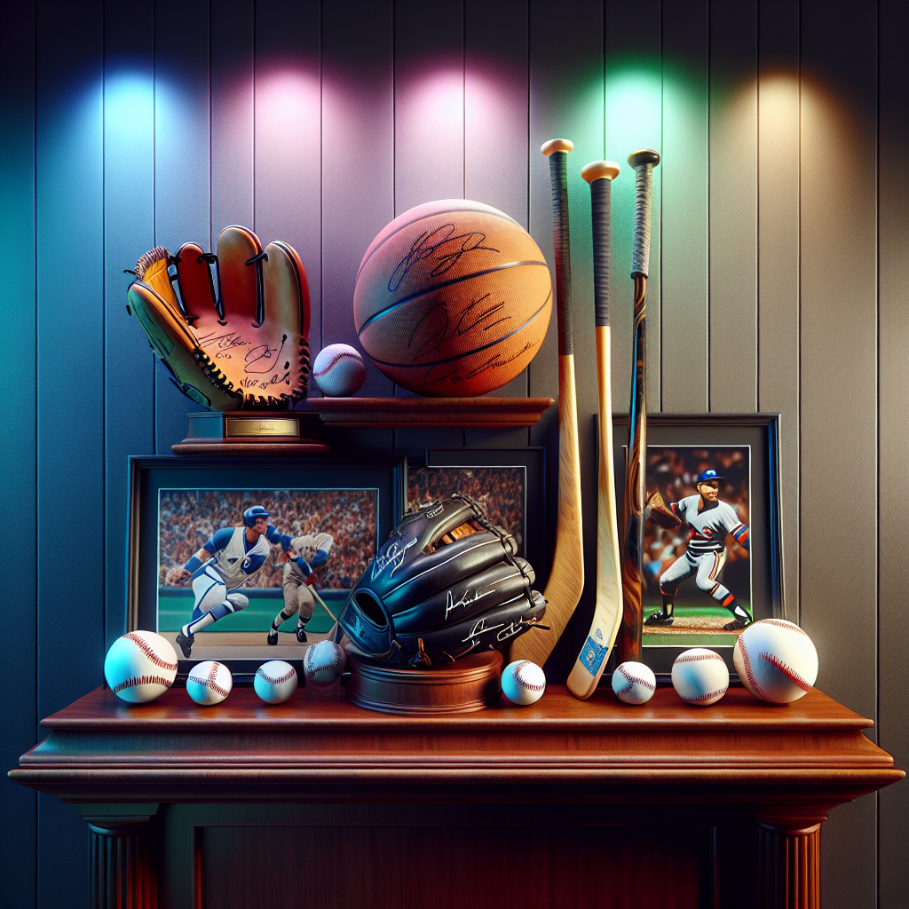 A mahogany wood shelf laden with iconic, signed sports memorabilia with a backdrop of legendary sports moments.