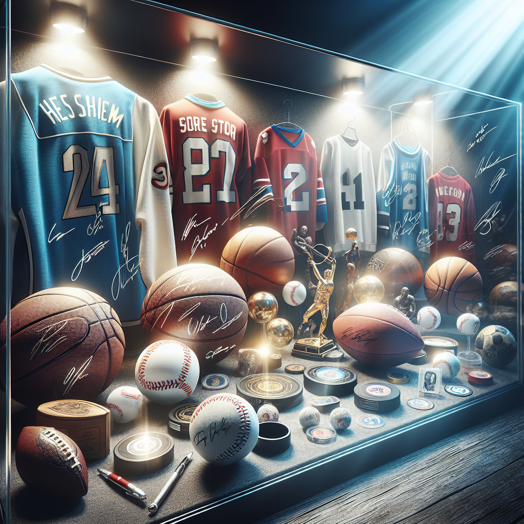 Assortment of sports memorabilia including signed balls and jerseys displayed in a bright glass case.