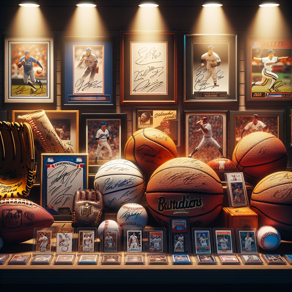 A collection of authentic autographed sports memorabilia including a basketball, football, baseball mitt, and rookie cards on a shelf, with an emphasis on the autographs.