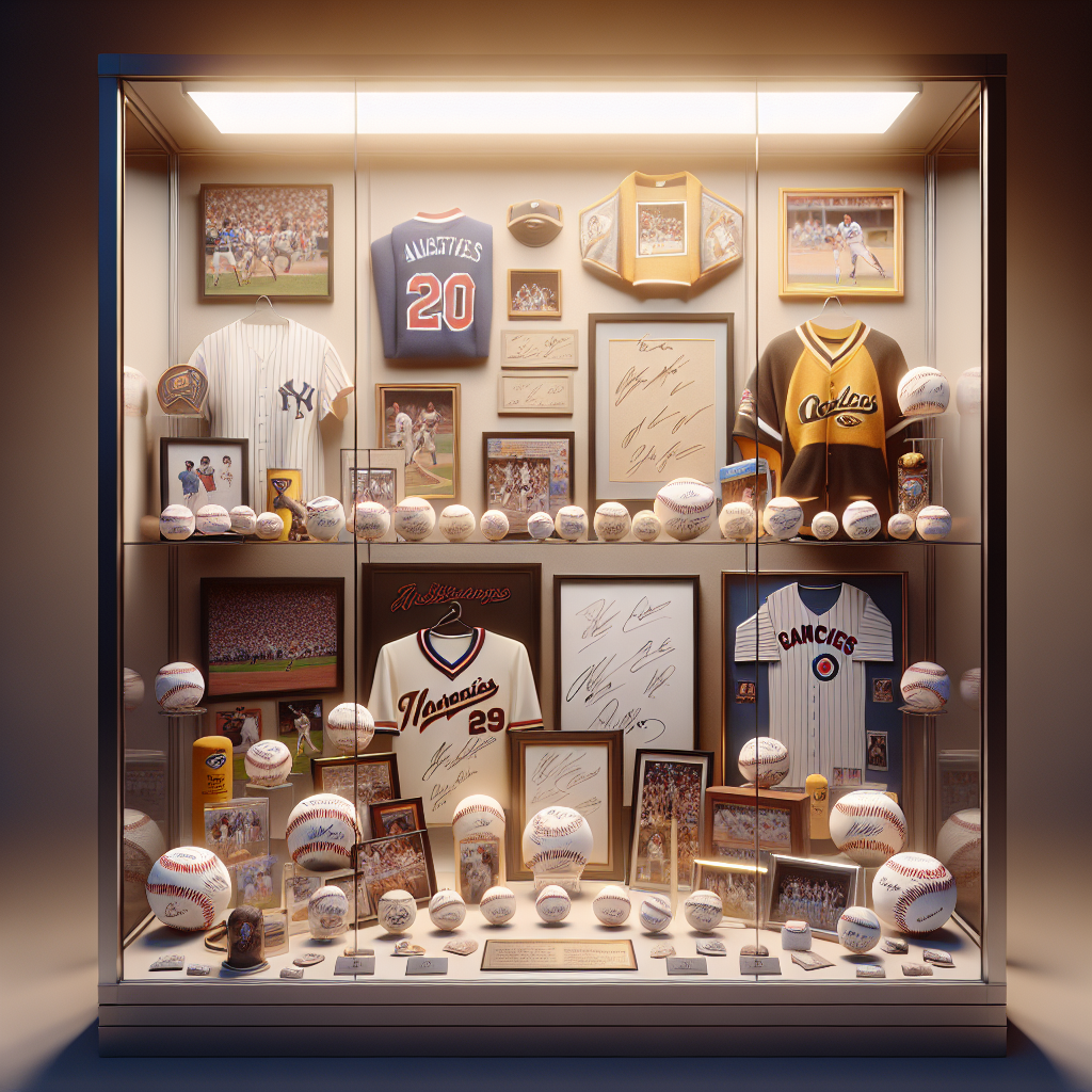 Display case with autographed sports memorabilia, such as signed baseballs, jerseys, and photographs, highlighted by soft, even lighting on a neutral background.