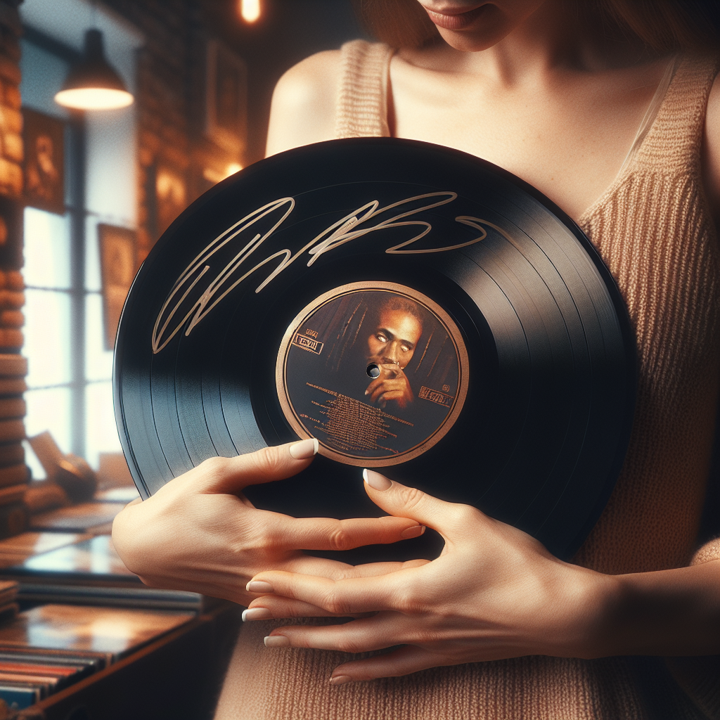 Realistic image of signed Eminem vinyl record in someone's hands with a blurred background suggesting a music collection.