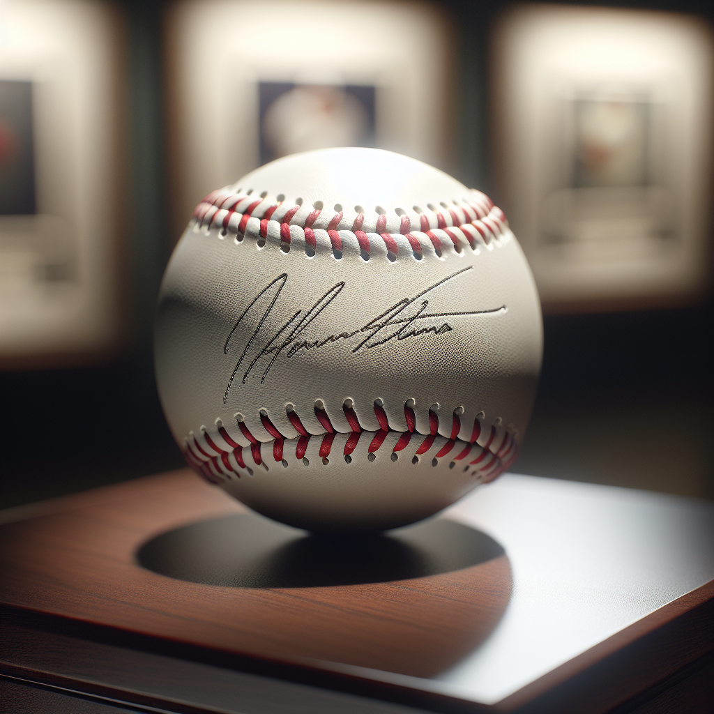 Close-up of an authentic, autographed white leather baseball with visible stitching and signature, resting on a dark wooden pedestal, with a blurred display case background.