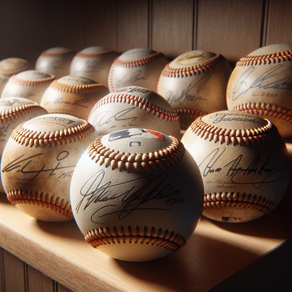 A realistic collection of autographed baseballs on a wooden shelf, each with visible signatures, illuminated by warm light.