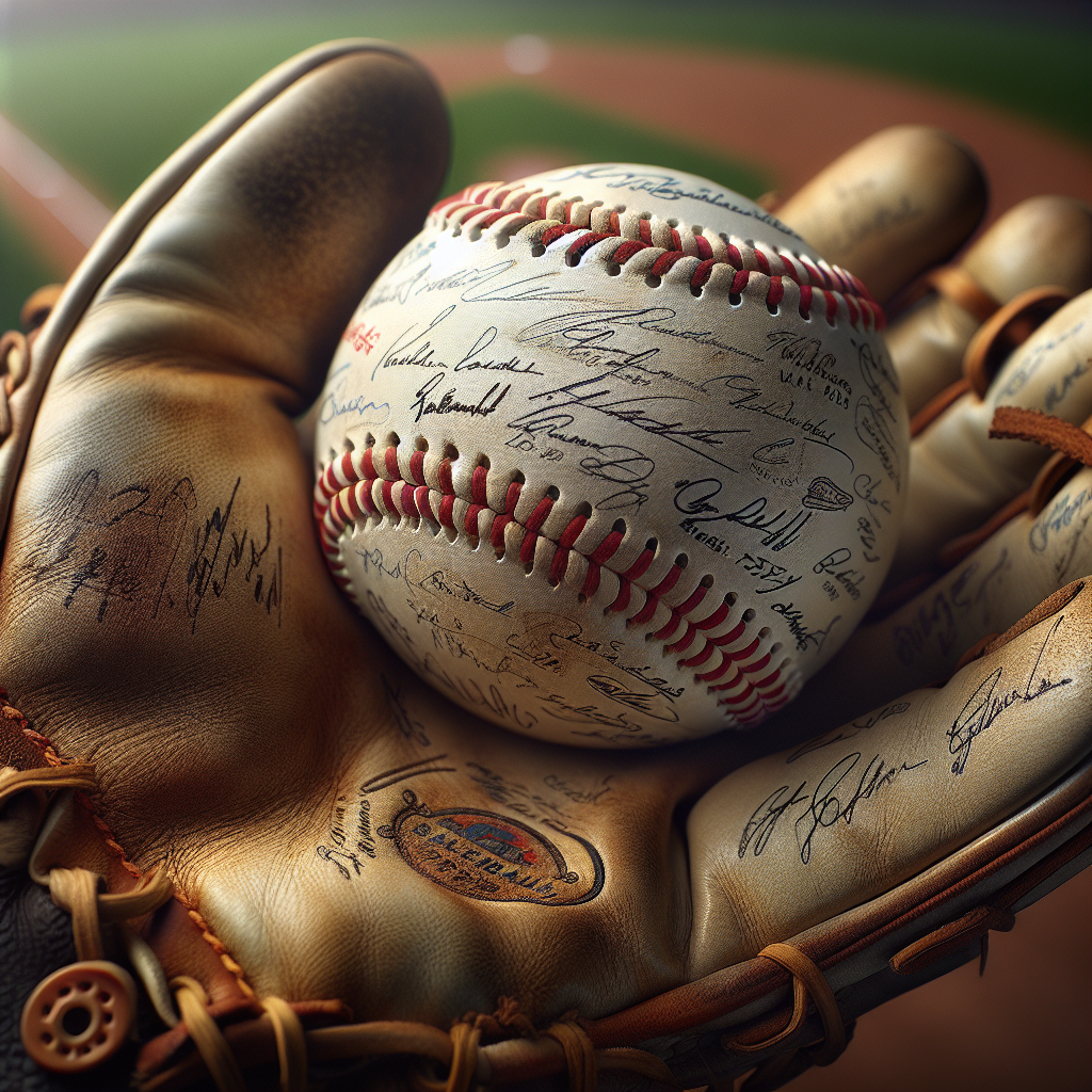 A worn baseball glove holding a white signed baseball, with a soft focus image of a baseball field in the background.