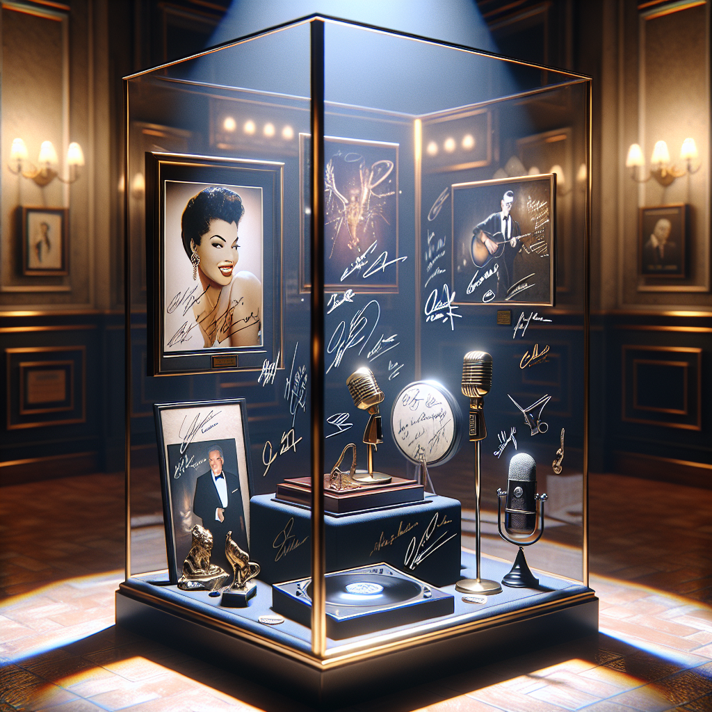 A luxuriously lit glass display case with celebrity autographed memorabilia including a signed photograph, microphone, and vinyl record sleeve.