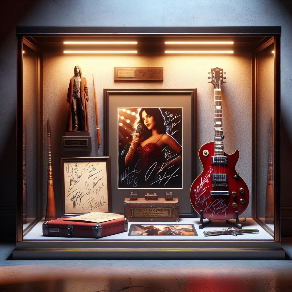 Realistic display cabinet with celebrity autographed photograph, signed red electric guitar, and a movie prop, warmly lit, on a shadowy background.