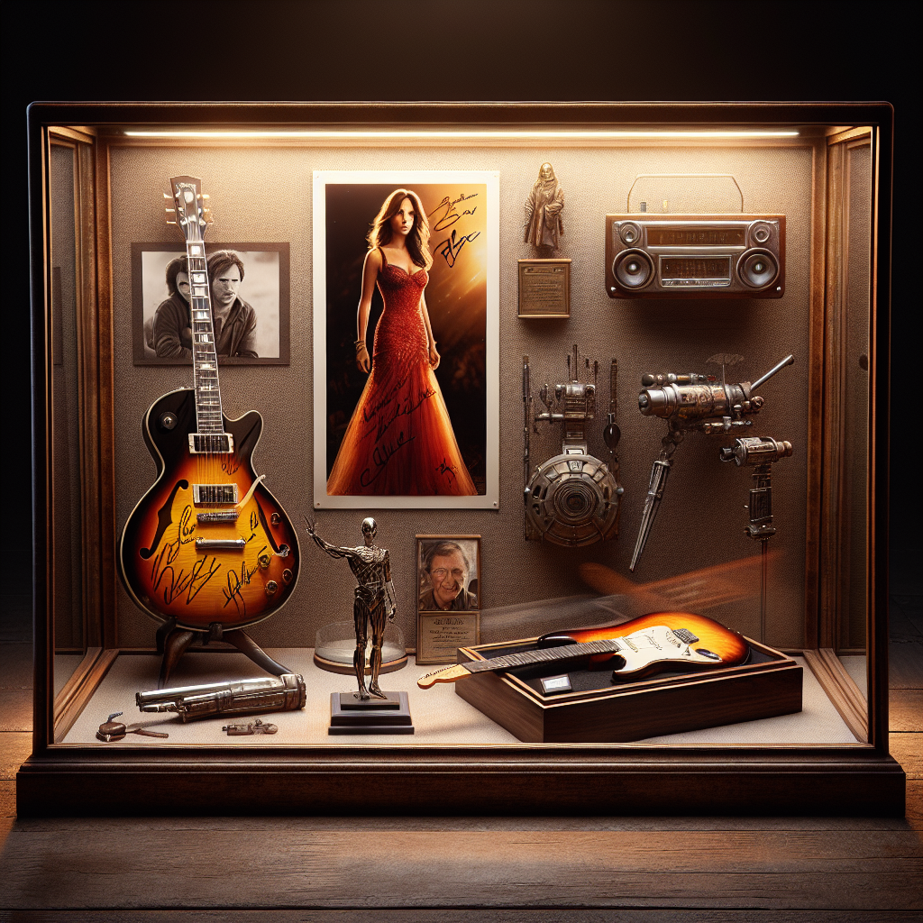 A glass display case on a wooden pedestal with celebrity autographed memorabilia including a signed photo, a sunburst electric guitar, and an action movie prop gun.