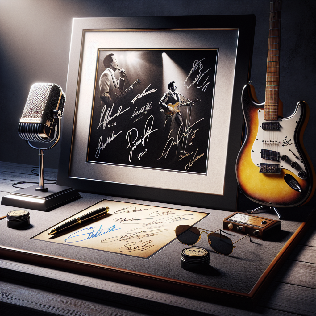 Celebrity autographed photo, microphone, and guitar displayed on a dark wooden shelf, highlighted by soft overhead lighting.