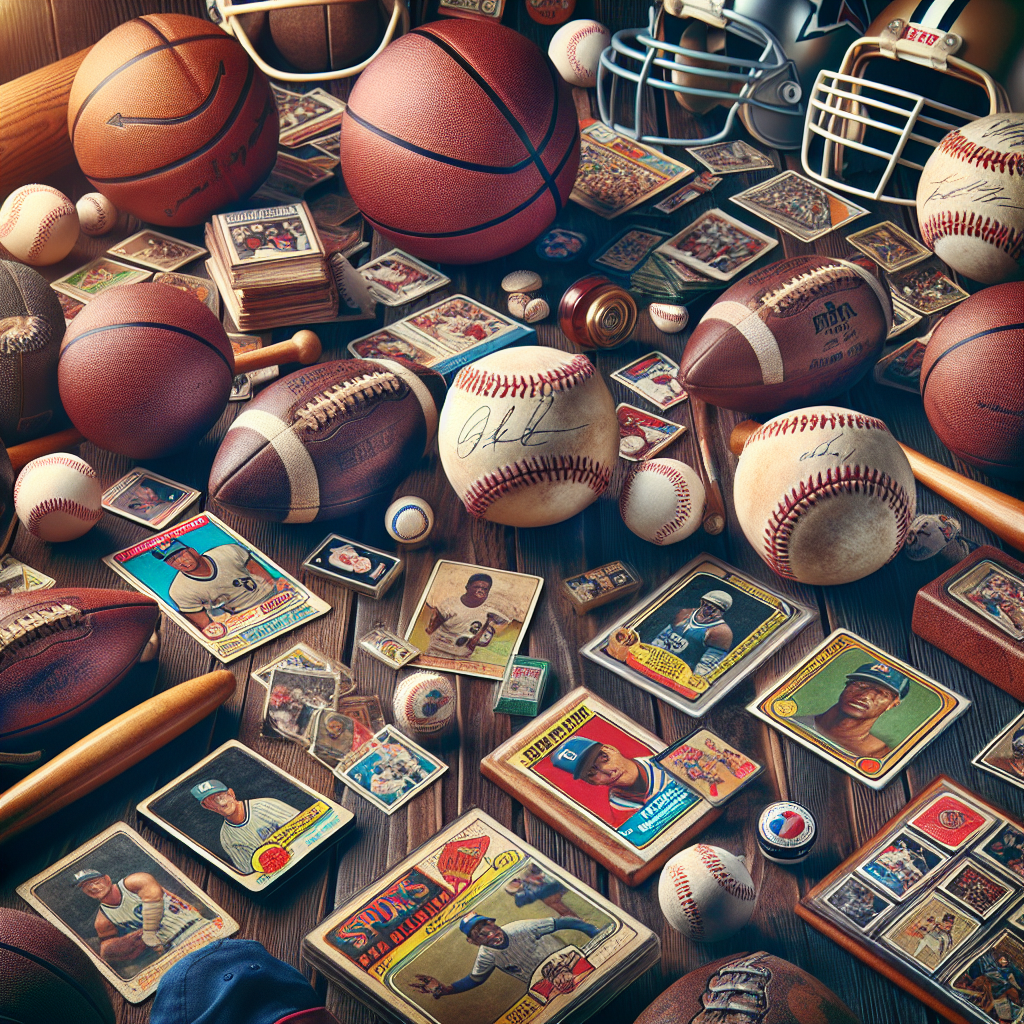 Assorted sports memorabilia and collectible cards displayed on a wooden surface.