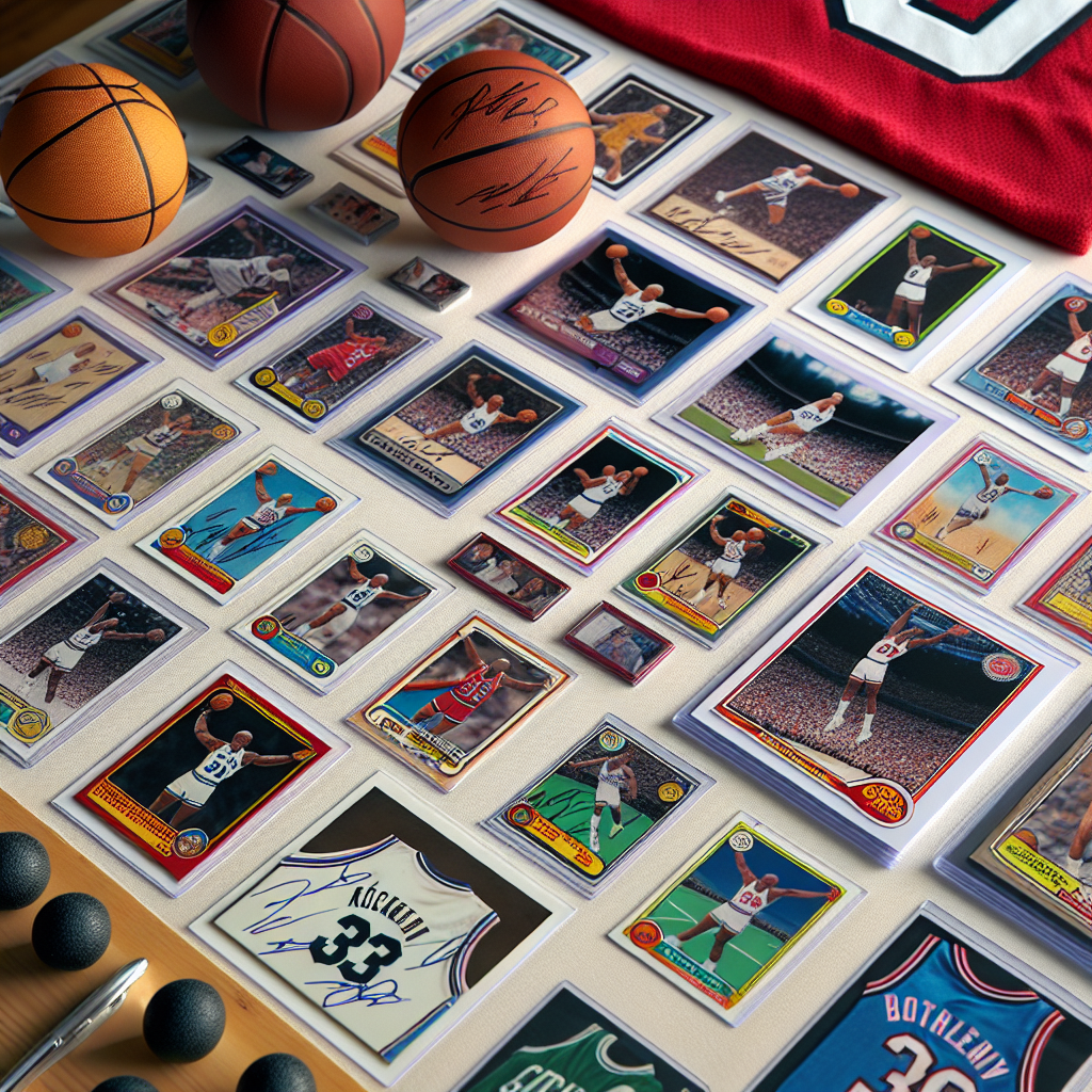 A realistic collection of sports trading cards and memorabilia on a tabletop.