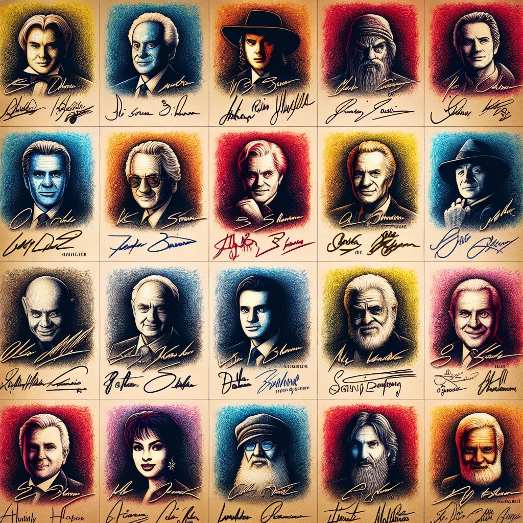 A collection of artistic representations of autographs from famous individuals on colorful backgrounds.