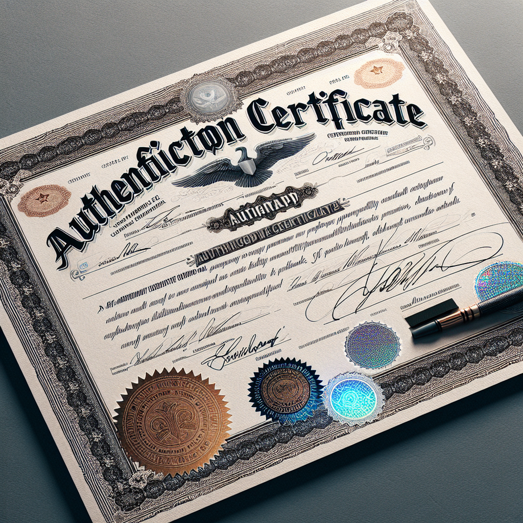 Authentic autograph certification document with official stamps, signatures, and a holographic security sticker.