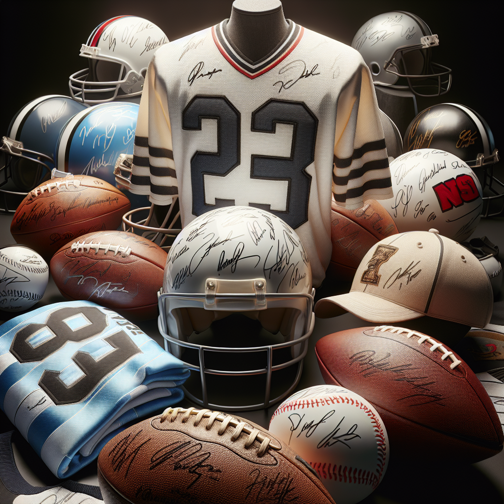 An array of realistic autographed sports memorabilia including jerseys, helmets, and balls.