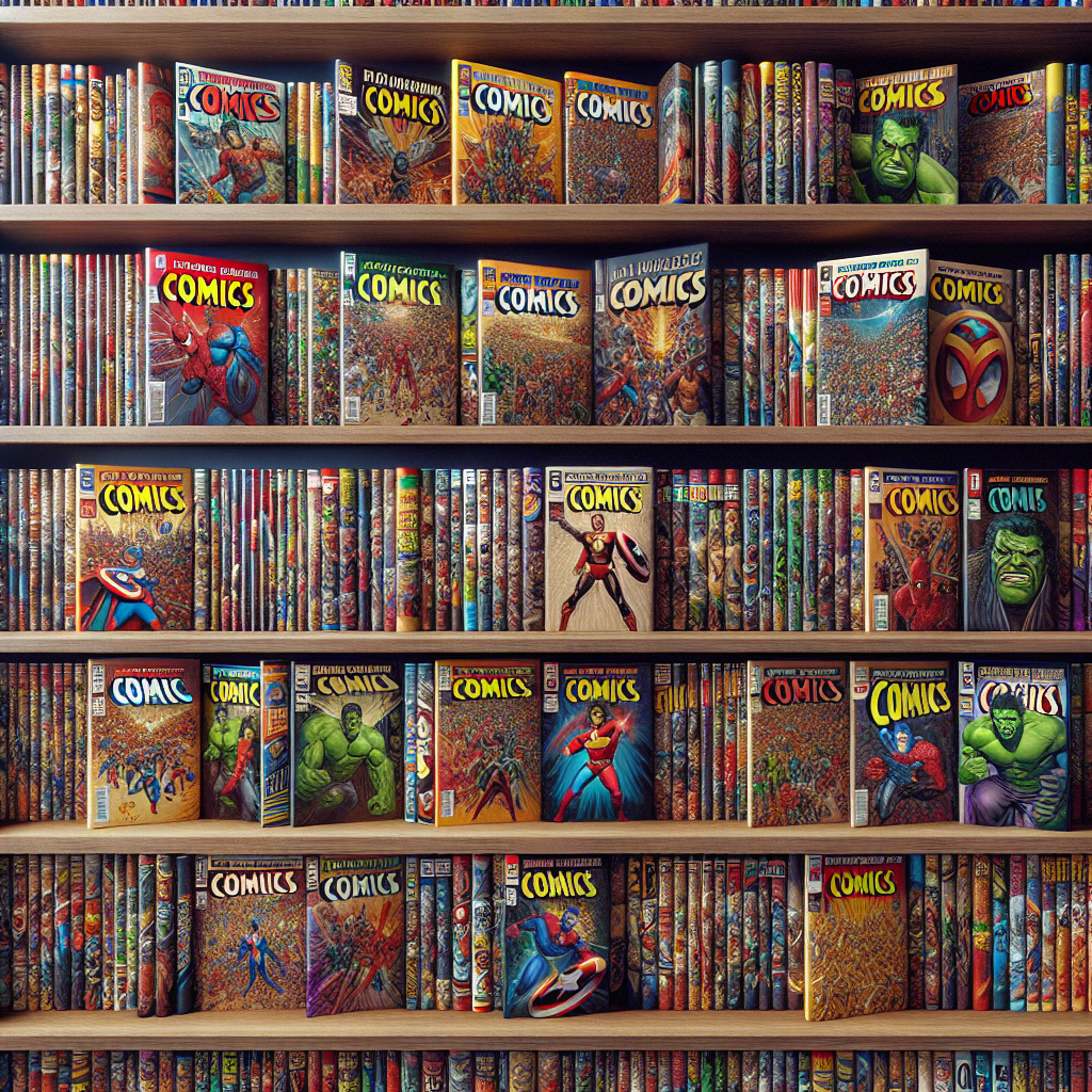 Realistic image of a comic book collection on shelves.