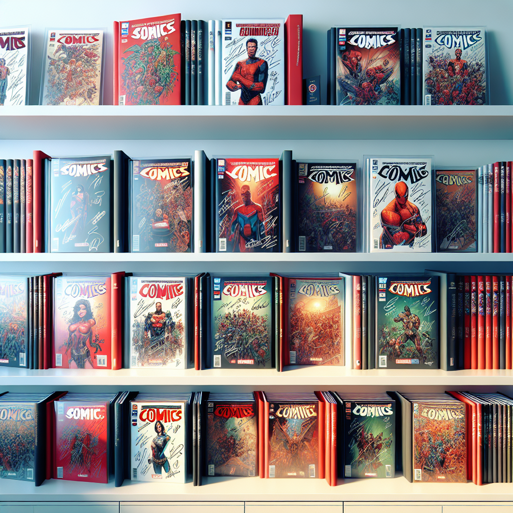 An extensive, realistic collection of signed comic books on display.