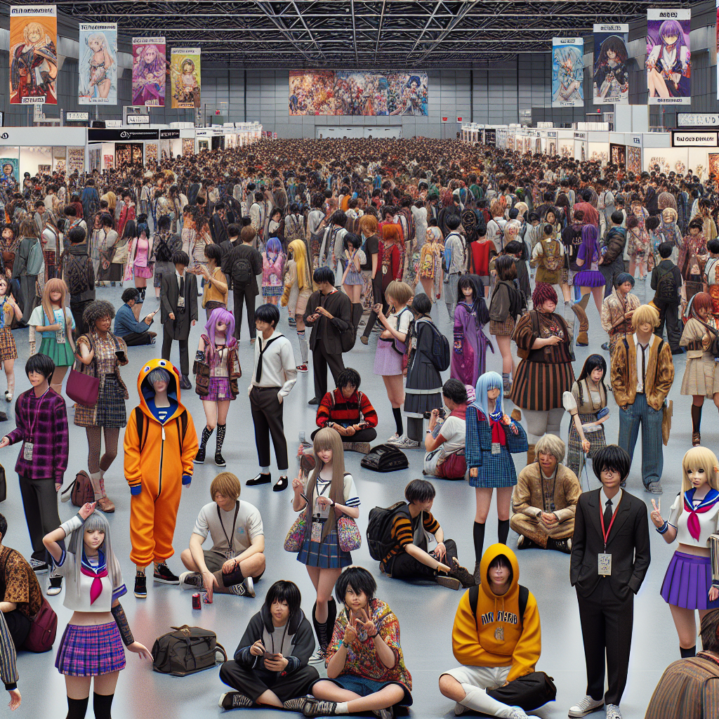 A bustling anime convention crowd scene, inspired by a reference photo, depicted in a realistic style.