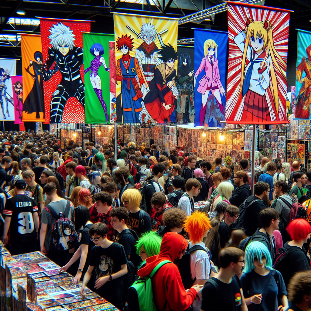 An anime convention crowd with cosplayers and colorful booths.