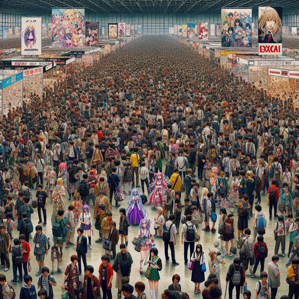 A realistic and detailed image of a crowded anime expo with attendees in cosplay and booths showcasing anime merchandise.