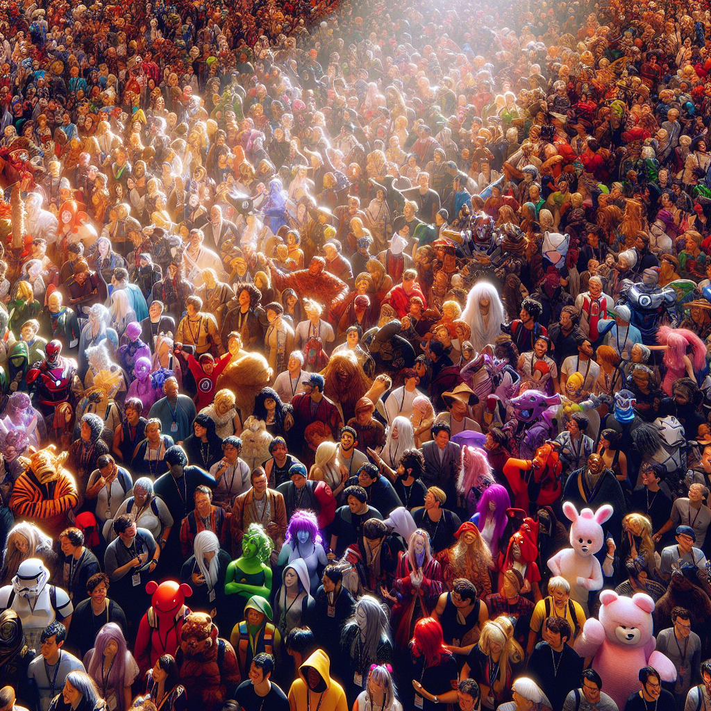 A vivid and realistic image of an anime convention crowd.