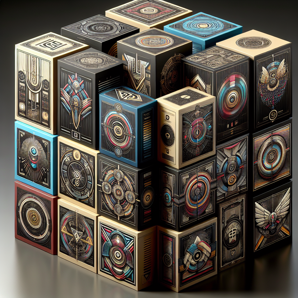 A hyper-realistic image of stacked autograph boxes with varying designs, capturing the intricate details and textures.