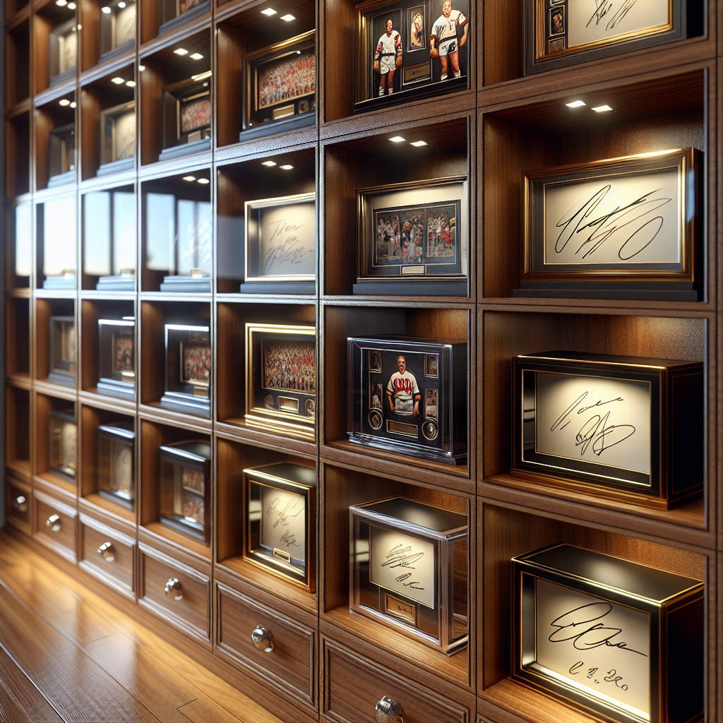 Realistic image of autograph collector's boxes on a wooden shelf with visible autographed items and signatures.