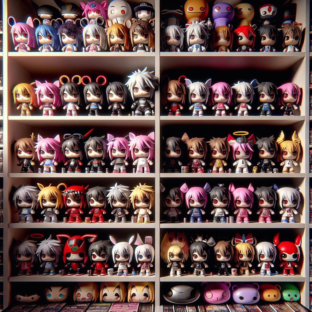 A realistic collection of anime Funko Pop figurines on shelves.