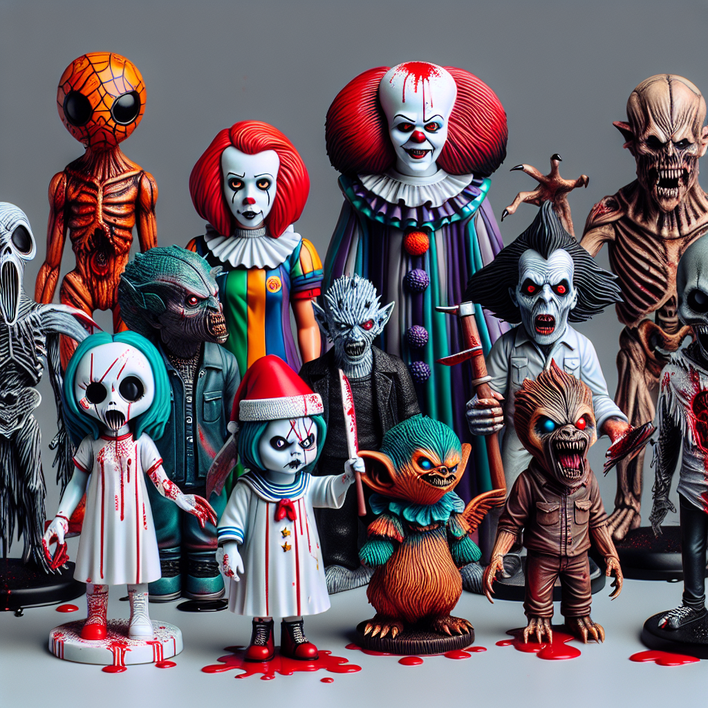 A collection of horror-themed collectible figurines displayed realistically, similar to the ‘13 Days of Horror Funko Pop Collection’.