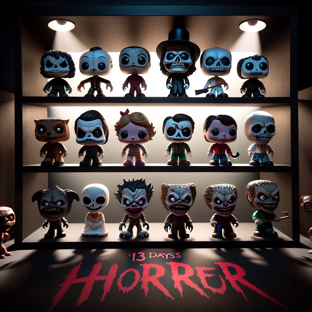 A spooky '13 Days of Horror' Funko Pop collection arranged in a shadowy setting.