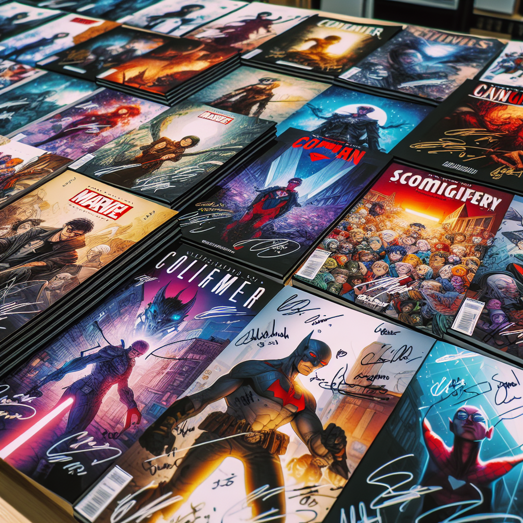 Realistic depiction of signed comic books laid out for display, showcasing detailed cover artwork and visible signatures.