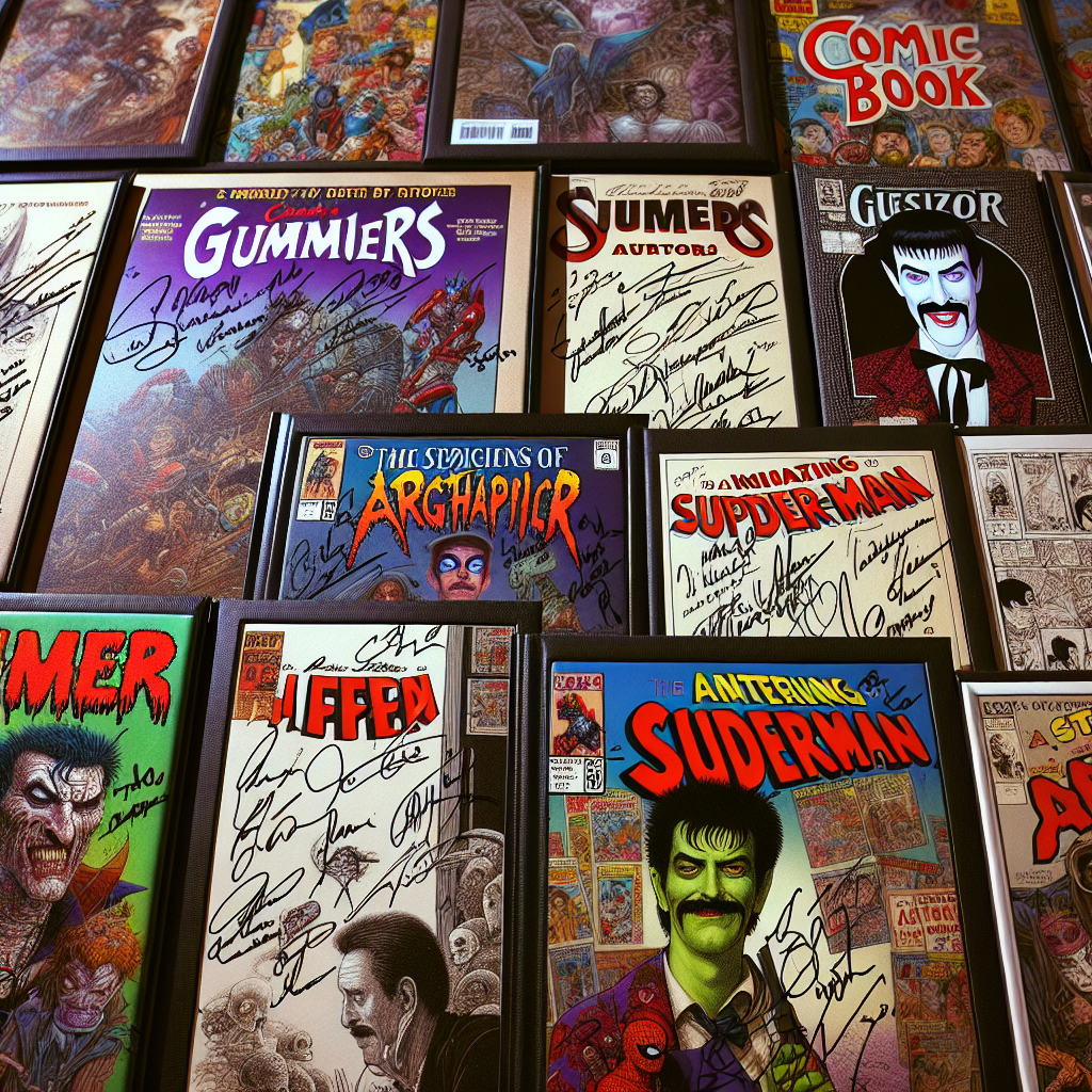 A realistic display of signed comic books.