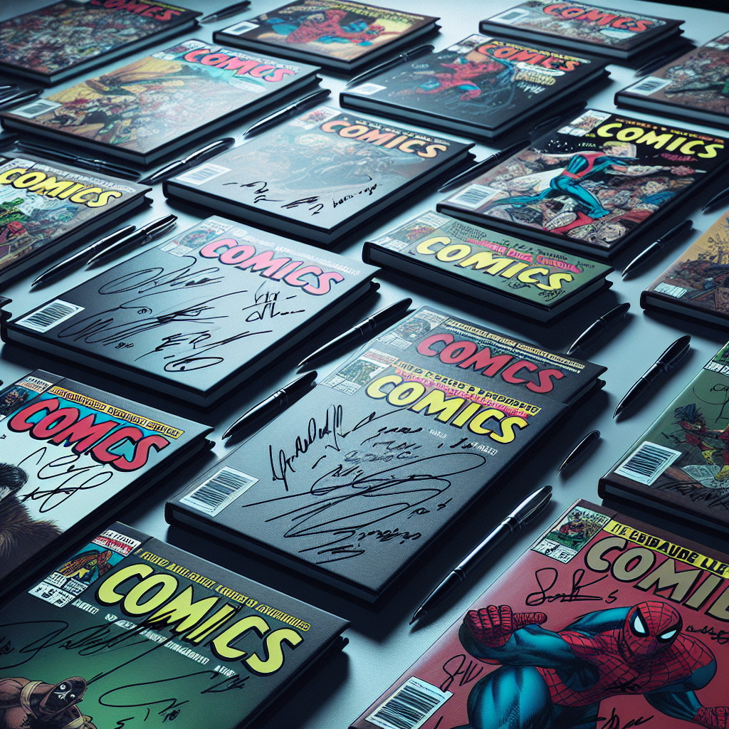 Realistic display of signed comic books on a table.