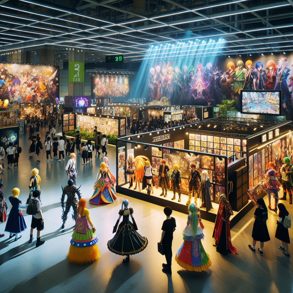 A realistic depiction of an Anime Frontier event with attendees in vibrant cosplay costumes, detailed anime characters, and realistic lighting in a convention setting.