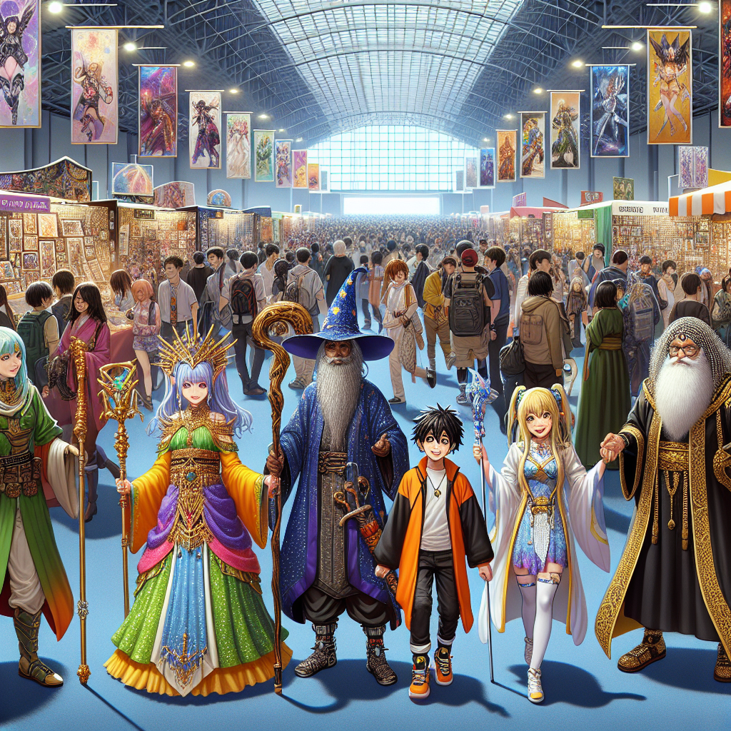 A realistic anime convention scene with detailed cosplay and lively event atmosphere.