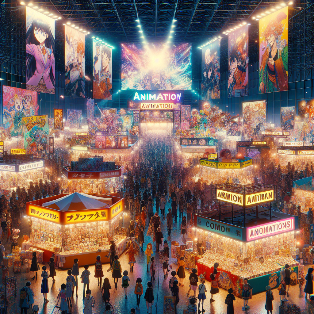 A realistic depiction of an anime event with cosplayers, merchandise booths, colorful banners, and lively atmosphere.