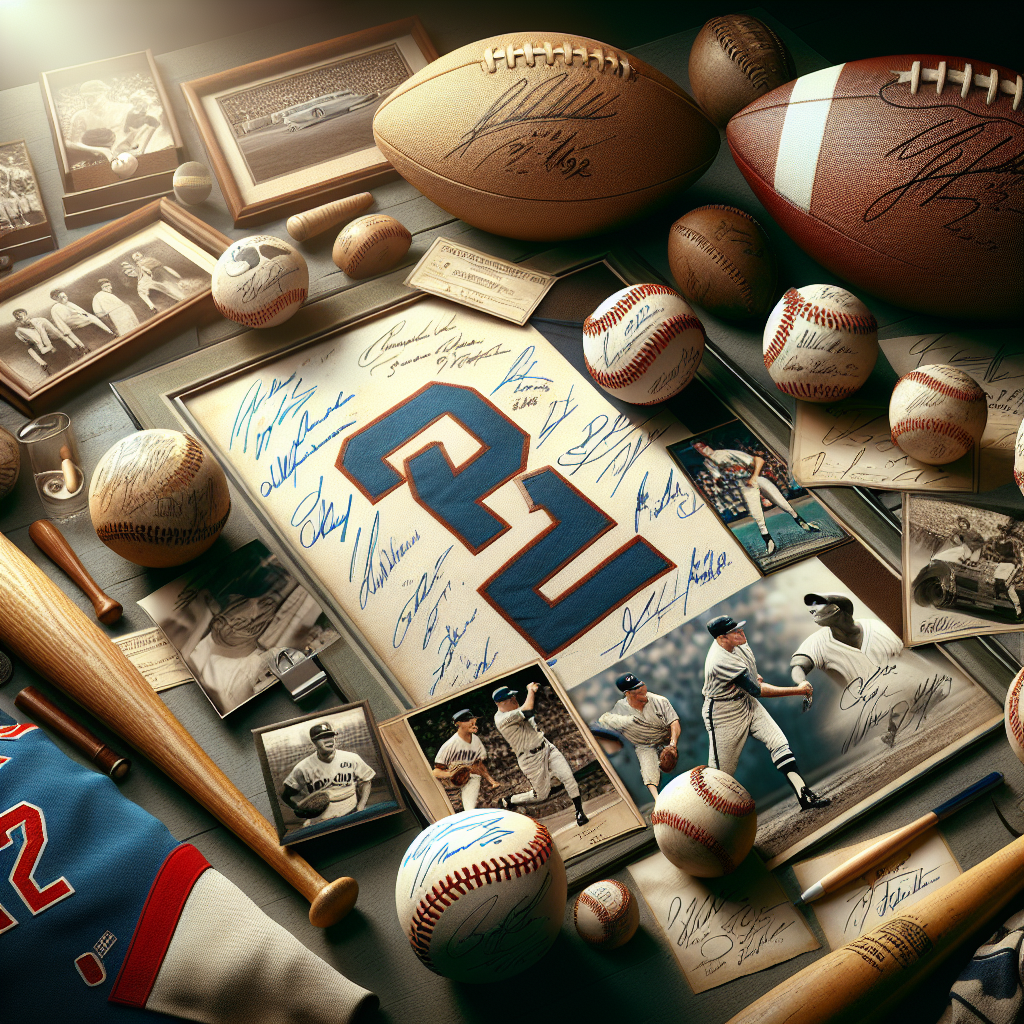 A realistic depiction of sports autographs from 1982, featuring signed memorabilia like baseballs, footballs, jerseys, and photographs.