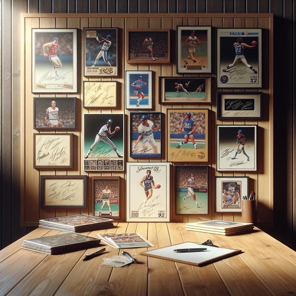 A table displaying various hand-signed sports autographs and memorabilia from 1982 in a realistic and nostalgic setting.