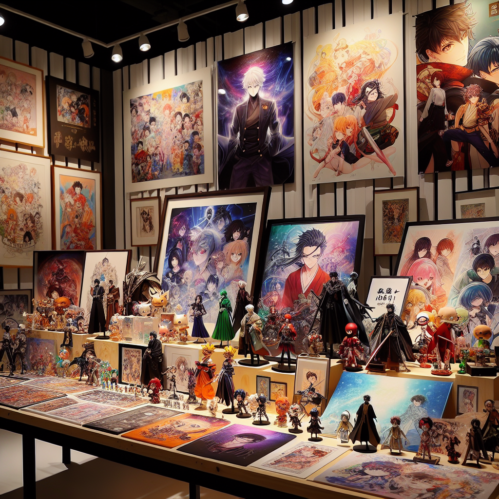 A realistic depiction of anime-signed memorabilia including posters, action figures, and autographed items.