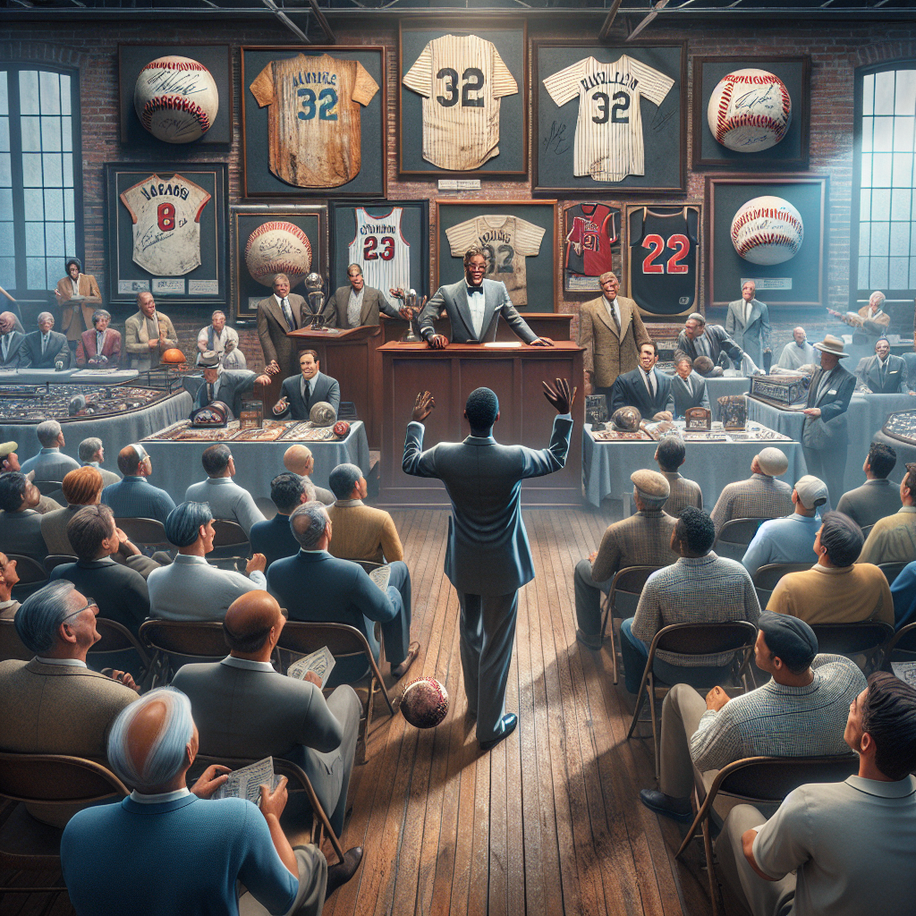 A realistic image of a lively sports memorabilia auction scene.