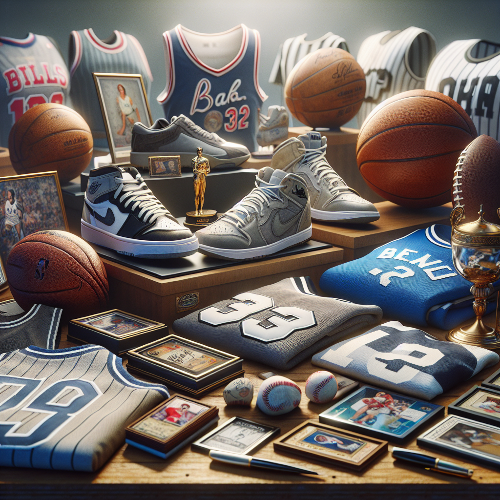 A realistic display of sports memorabilia items at an auction.