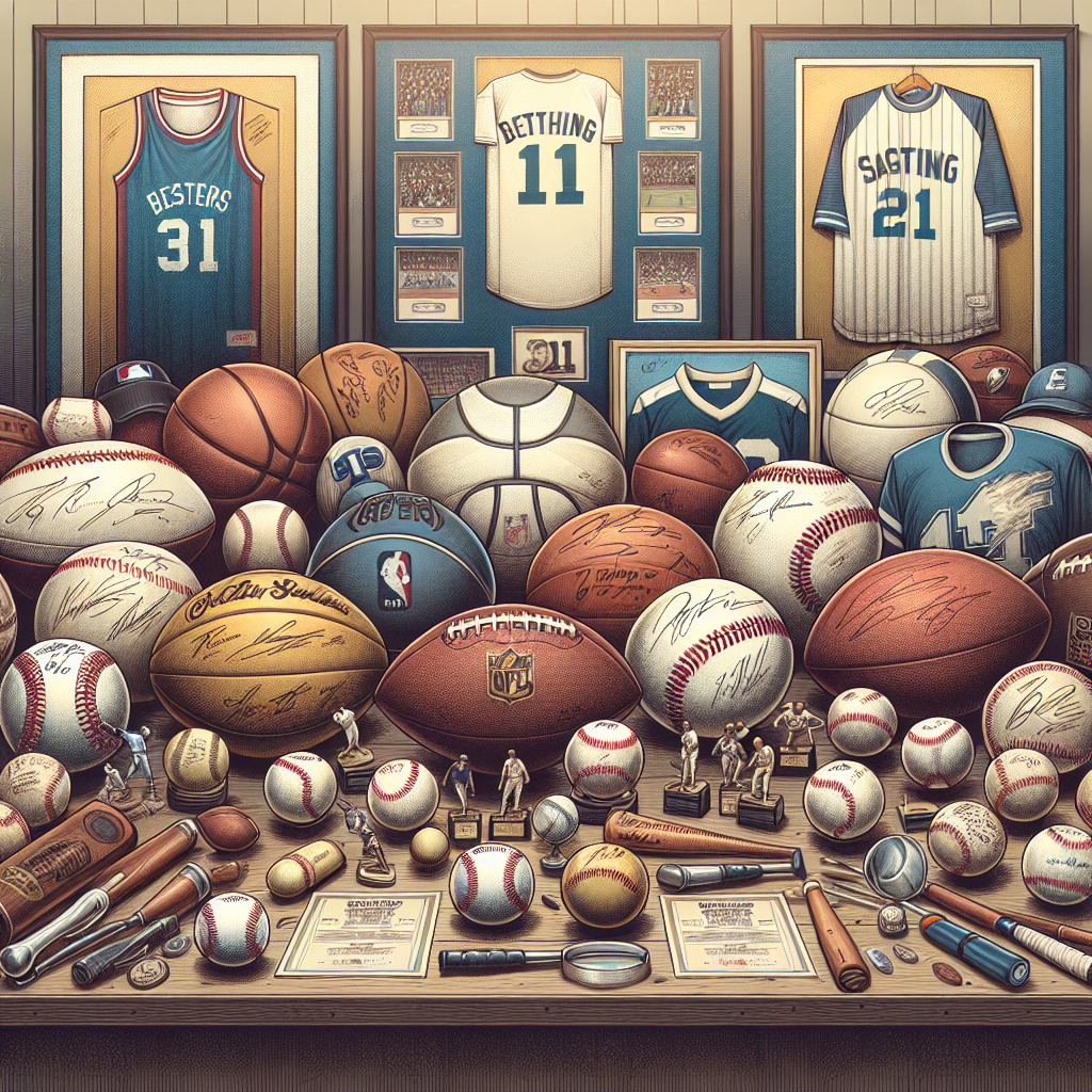 A collection of sports memorabilia at an auction, showing signed balls, jerseys, and posters.